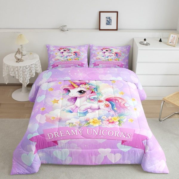 Cute Mermaid Comforter Set Twin Size,Kawaii Unicorn Duvet Insert for Kid Teen Boys Girls Room Decor,Cartoon Rainbow Stars Quilted Duvet,Fairy Tale Theme Quilt Cover with 1 Pillowcase - Image 89