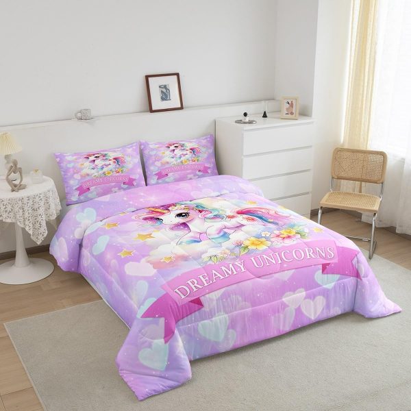 Cute Mermaid Comforter Set Twin Size,Kawaii Unicorn Duvet Insert for Kid Teen Boys Girls Room Decor,Cartoon Rainbow Stars Quilted Duvet,Fairy Tale Theme Quilt Cover with 1 Pillowcase - Image 91