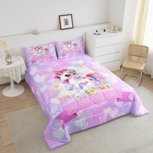 Cute Mermaid Comforter Set Twin Size,Kawaii Unicorn Duvet Insert for Kid Teen Boys Girls Room Decor,Cartoon Rainbow Stars Quilted Duvet,Fairy Tale Theme Quilt Cover with 1 Pillowcase - Image 92
