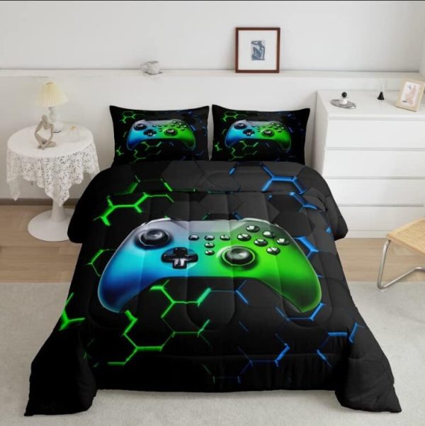 Boys Gamepad King Size Comforter Set Kids Honeycomb Geometry Decor All Season Bedding Set for Girls Teens Reversible Gaming Video Games Comforter Green and Blue Decor Quilt Set Bedroom Collection 3Pcs