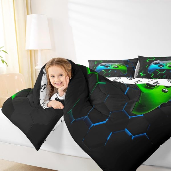 Boys Gamepad King Size Comforter Set Kids Honeycomb Geometry Decor All Season Bedding Set for Girls Teens Reversible Gaming Video Games Comforter Green and Blue Decor Quilt Set Bedroom Collection 3Pcs - Image 4