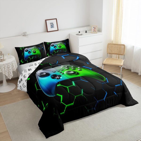 Boys Gamepad King Size Comforter Set Kids Honeycomb Geometry Decor All Season Bedding Set for Girls Teens Reversible Gaming Video Games Comforter Green and Blue Decor Quilt Set Bedroom Collection 3Pcs - Image 5