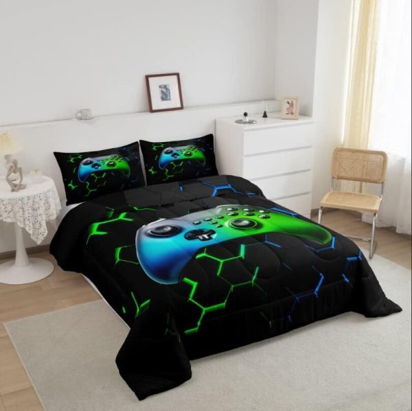 Boys Gamepad King Size Comforter Set Kids Honeycomb Geometry Decor All Season Bedding Set for Girls Teens Reversible Gaming Video Games Comforter Green and Blue Decor Quilt Set Bedroom Collection 3Pcs - Image 6
