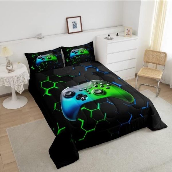 Boys Gamepad King Size Comforter Set Kids Honeycomb Geometry Decor All Season Bedding Set for Girls Teens Reversible Gaming Video Games Comforter Green and Blue Decor Quilt Set Bedroom Collection 3Pcs - Image 7