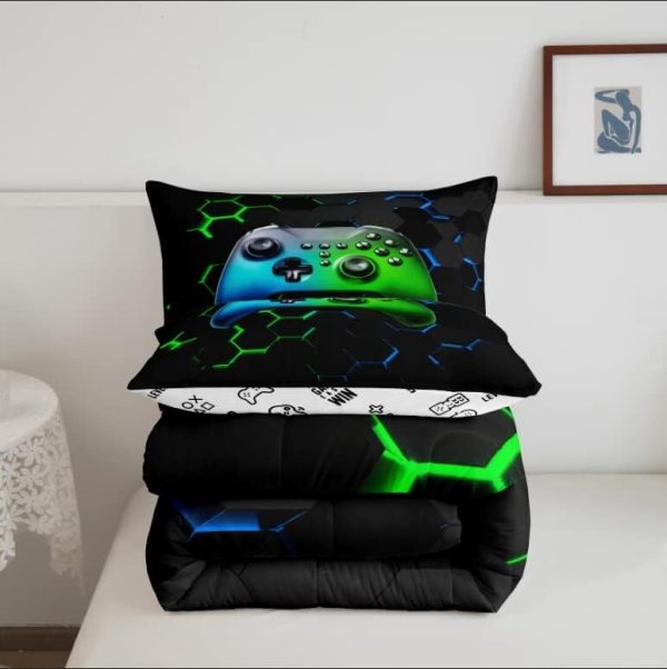 Boys Gamepad King Size Comforter Set Kids Honeycomb Geometry Decor All Season Bedding Set for Girls Teens Reversible Gaming Video Games Comforter Green and Blue Decor Quilt Set Bedroom Collection 3Pcs - Image 8