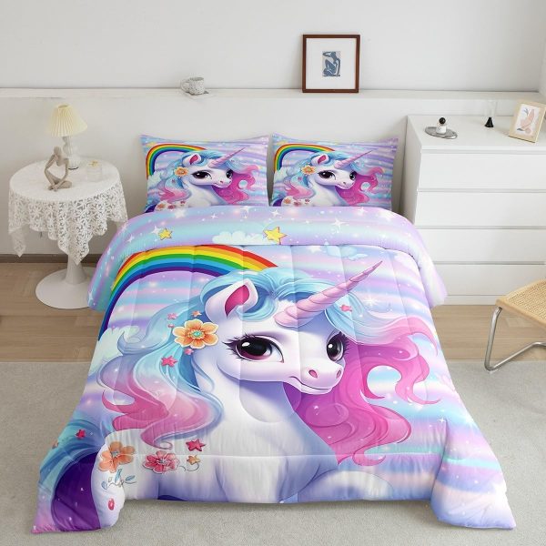 Cute Mermaid Comforter Set Twin Size,Kawaii Unicorn Duvet Insert for Kid Teen Boys Girls Room Decor,Cartoon Rainbow Stars Quilted Duvet,Fairy Tale Theme Quilt Cover with 1 Pillowcase - Image 169
