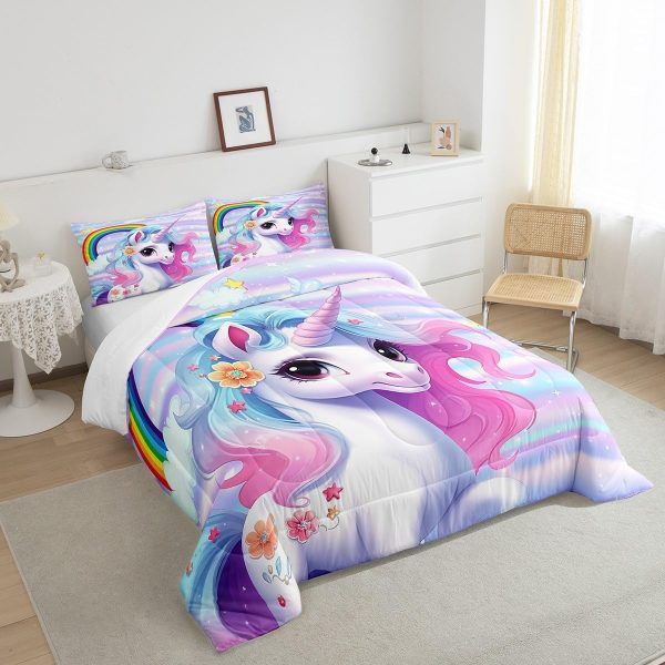 Cute Mermaid Comforter Set Twin Size,Kawaii Unicorn Duvet Insert for Kid Teen Boys Girls Room Decor,Cartoon Rainbow Stars Quilted Duvet,Fairy Tale Theme Quilt Cover with 1 Pillowcase - Image 170