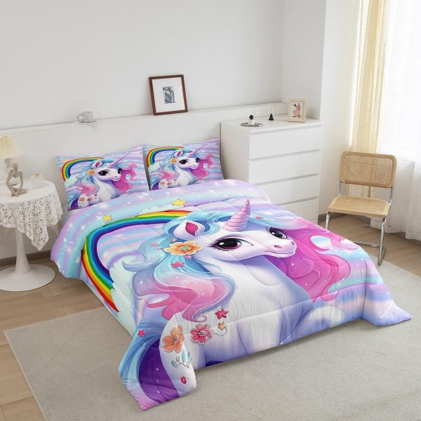 Cute Mermaid Comforter Set Twin Size,Kawaii Unicorn Duvet Insert for Kid Teen Boys Girls Room Decor,Cartoon Rainbow Stars Quilted Duvet,Fairy Tale Theme Quilt Cover with 1 Pillowcase - Image 171