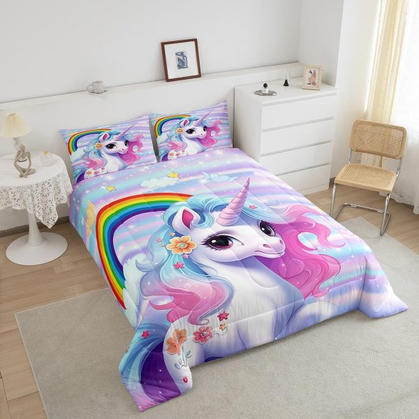 Cute Mermaid Comforter Set Twin Size,Kawaii Unicorn Duvet Insert for Kid Teen Boys Girls Room Decor,Cartoon Rainbow Stars Quilted Duvet,Fairy Tale Theme Quilt Cover with 1 Pillowcase - Image 172