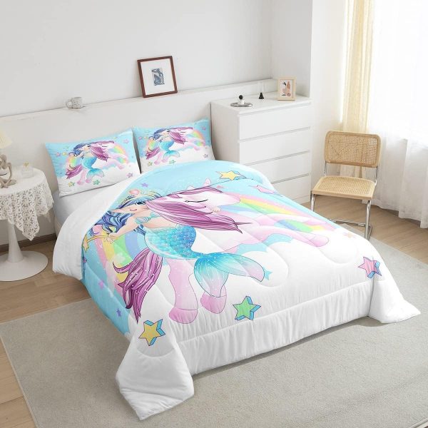 Cute Mermaid Comforter Set Twin Size,Kawaii Unicorn Duvet Insert for Kid Teen Boys Girls Room Decor,Cartoon Rainbow Stars Quilted Duvet,Fairy Tale Theme Quilt Cover with 1 Pillowcase - Image 200