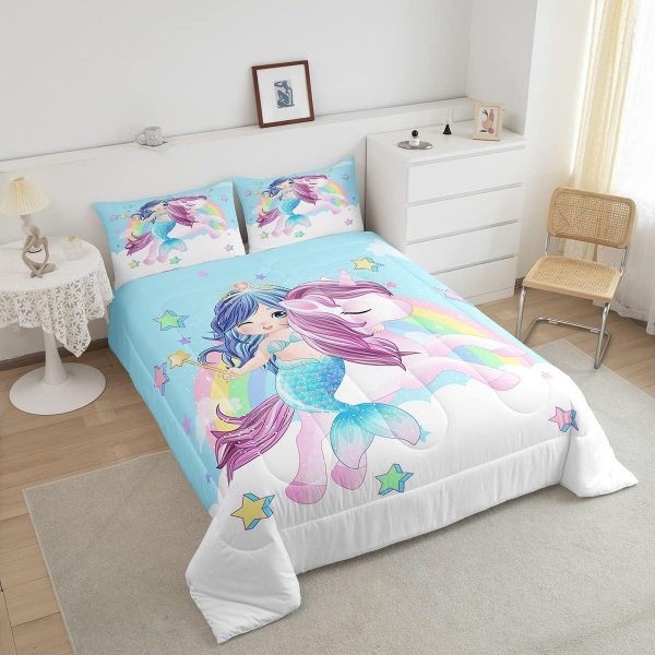 Cute Mermaid Comforter Set Twin Size,Kawaii Unicorn Duvet Insert for Kid Teen Boys Girls Room Decor,Cartoon Rainbow Stars Quilted Duvet,Fairy Tale Theme Quilt Cover with 1 Pillowcase - Image 201