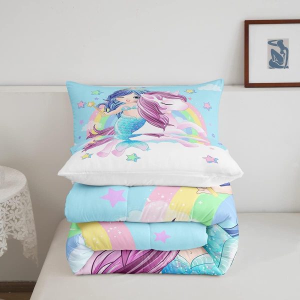 Cute Mermaid Comforter Set Twin Size,Kawaii Unicorn Duvet Insert for Kid Teen Boys Girls Room Decor,Cartoon Rainbow Stars Quilted Duvet,Fairy Tale Theme Quilt Cover with 1 Pillowcase - Image 202