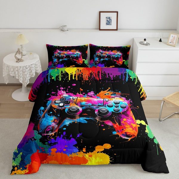Boys Gamepad King Size Comforter Set Kids Honeycomb Geometry Decor All Season Bedding Set for Girls Teens Reversible Gaming Video Games Comforter Green and Blue Decor Quilt Set Bedroom Collection 3Pcs - Image 92