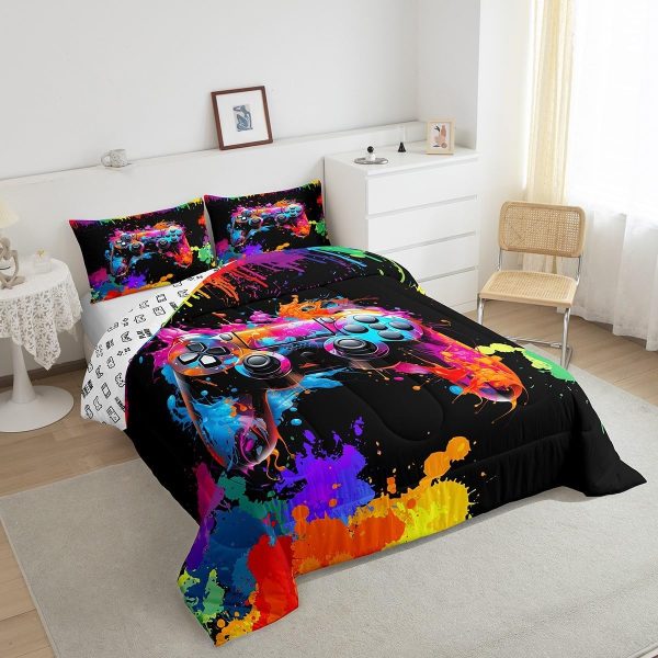 Boys Gamepad King Size Comforter Set Kids Honeycomb Geometry Decor All Season Bedding Set for Girls Teens Reversible Gaming Video Games Comforter Green and Blue Decor Quilt Set Bedroom Collection 3Pcs - Image 93