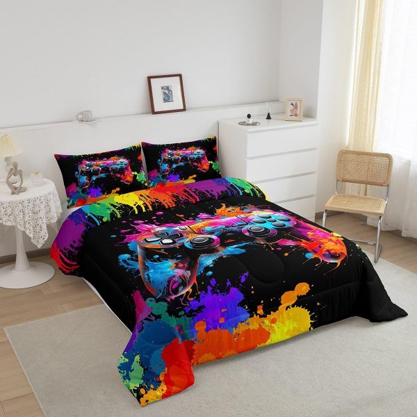 Boys Gamepad King Size Comforter Set Kids Honeycomb Geometry Decor All Season Bedding Set for Girls Teens Reversible Gaming Video Games Comforter Green and Blue Decor Quilt Set Bedroom Collection 3Pcs - Image 94