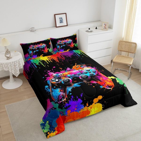 Boys Gamepad King Size Comforter Set Kids Honeycomb Geometry Decor All Season Bedding Set for Girls Teens Reversible Gaming Video Games Comforter Green and Blue Decor Quilt Set Bedroom Collection 3Pcs - Image 95