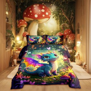 Cute Dragon Comforter Set Twin Size Mushroom Floral Butterfly Bedding Set Bedroom Decor for Kids Boys Girls Fantasy Purple Orange Wings Dragon All Season Blanket Gift Dragons Lover Son Birthday,2Pcs