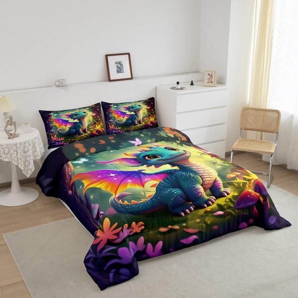 Cute Dragon Comforter Set Twin Size Mushroom Floral Butterfly Bedding Set Bedroom Decor for Kids Boys Girls Fantasy Purple Orange Wings Dragon All Season Blanket Gift Dragons Lover Son Birthday,2Pcs - Image 2