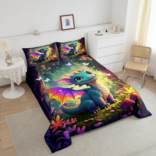 Cute Dragon Comforter Set Twin Size Mushroom Floral Butterfly Bedding Set Bedroom Decor for Kids Boys Girls Fantasy Purple Orange Wings Dragon All Season Blanket Gift Dragons Lover Son Birthday,2Pcs - Image 3