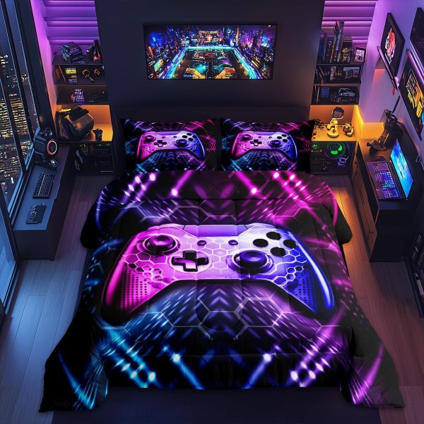 Boys Gamepad King Size Comforter Set Kids Honeycomb Geometry Decor All Season Bedding Set for Girls Teens Reversible Gaming Video Games Comforter Green and Blue Decor Quilt Set Bedroom Collection 3Pcs - Image 137