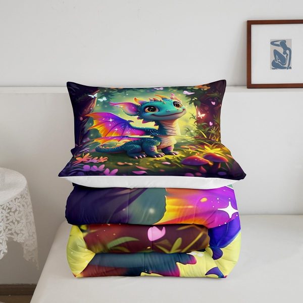 Cute Dragon Comforter Set Twin Size Mushroom Floral Butterfly Bedding Set Bedroom Decor for Kids Boys Girls Fantasy Purple Orange Wings Dragon All Season Blanket Gift Dragons Lover Son Birthday,2Pcs - Image 5