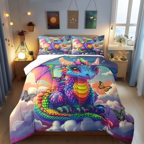 Cute Dragon Comforter Set Twin Size Mushroom Floral Butterfly Bedding Set Bedroom Decor for Kids Boys Girls Fantasy Purple Orange Wings Dragon All Season Blanket Gift Dragons Lover Son Birthday,2Pcs - Image 8