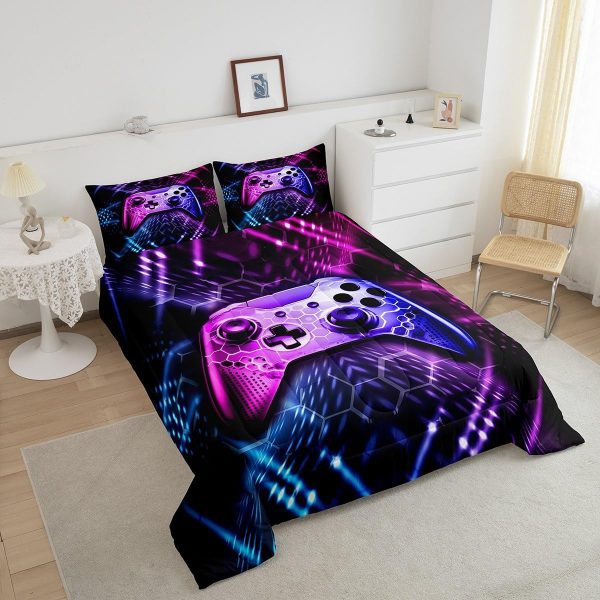 Boys Gamepad King Size Comforter Set Kids Honeycomb Geometry Decor All Season Bedding Set for Girls Teens Reversible Gaming Video Games Comforter Green and Blue Decor Quilt Set Bedroom Collection 3Pcs - Image 140