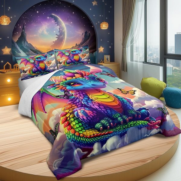 Cute Dragon Comforter Set Twin Size Mushroom Floral Butterfly Bedding Set Bedroom Decor for Kids Boys Girls Fantasy Purple Orange Wings Dragon All Season Blanket Gift Dragons Lover Son Birthday,2Pcs - Image 9