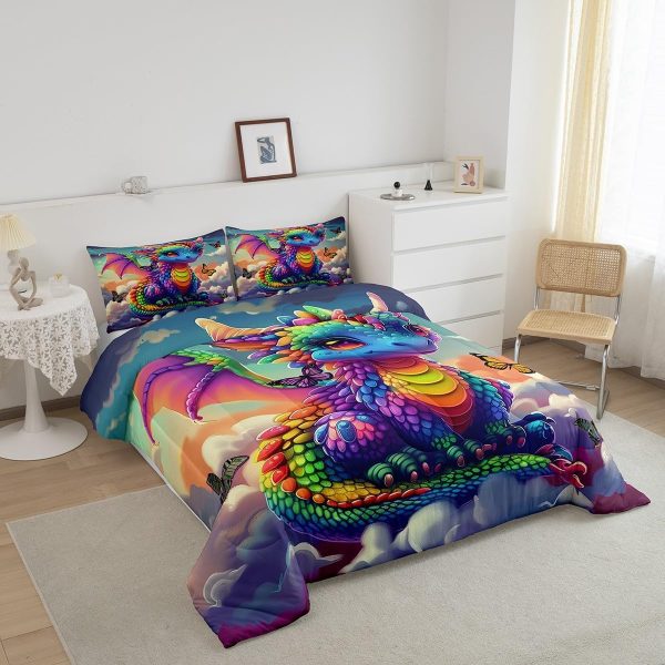 Cute Dragon Comforter Set Twin Size Mushroom Floral Butterfly Bedding Set Bedroom Decor for Kids Boys Girls Fantasy Purple Orange Wings Dragon All Season Blanket Gift Dragons Lover Son Birthday,2Pcs - Image 10