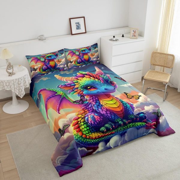 Cute Dragon Comforter Set Twin Size Mushroom Floral Butterfly Bedding Set Bedroom Decor for Kids Boys Girls Fantasy Purple Orange Wings Dragon All Season Blanket Gift Dragons Lover Son Birthday,2Pcs - Image 11