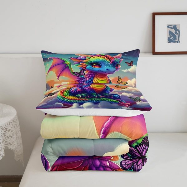 Cute Dragon Comforter Set Twin Size Mushroom Floral Butterfly Bedding Set Bedroom Decor for Kids Boys Girls Fantasy Purple Orange Wings Dragon All Season Blanket Gift Dragons Lover Son Birthday,2Pcs - Image 12