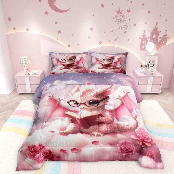 Cute Dragon Comforter Set Twin Size Mushroom Floral Butterfly Bedding Set Bedroom Decor for Kids Boys Girls Fantasy Purple Orange Wings Dragon All Season Blanket Gift Dragons Lover Son Birthday,2Pcs - Image 18