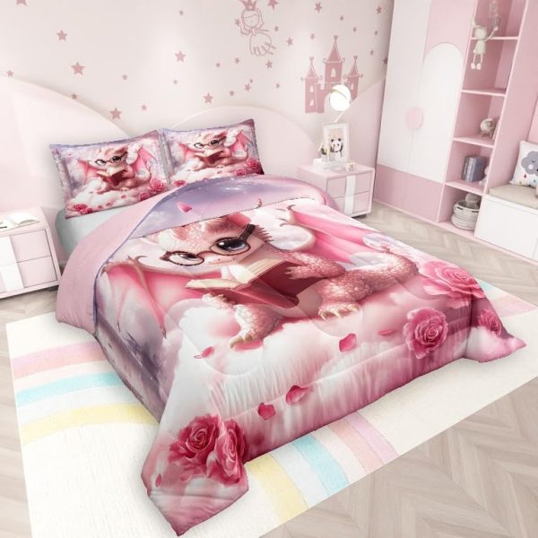Cute Dragon Comforter Set Twin Size Mushroom Floral Butterfly Bedding Set Bedroom Decor for Kids Boys Girls Fantasy Purple Orange Wings Dragon All Season Blanket Gift Dragons Lover Son Birthday,2Pcs - Image 19