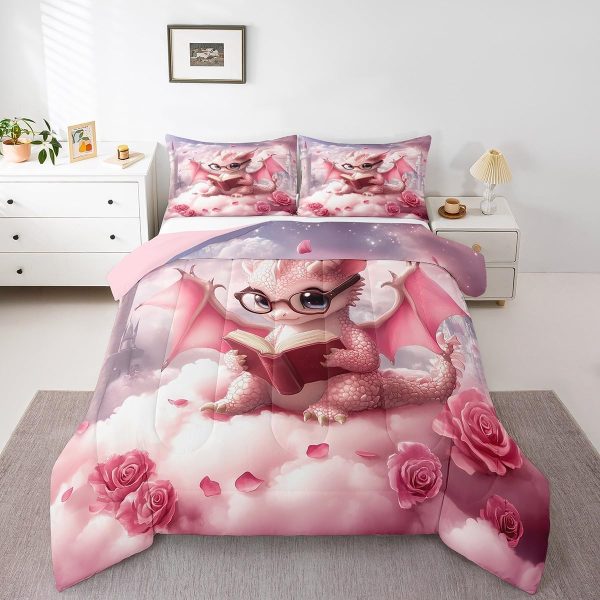 Cute Dragon Comforter Set Twin Size Mushroom Floral Butterfly Bedding Set Bedroom Decor for Kids Boys Girls Fantasy Purple Orange Wings Dragon All Season Blanket Gift Dragons Lover Son Birthday,2Pcs - Image 20