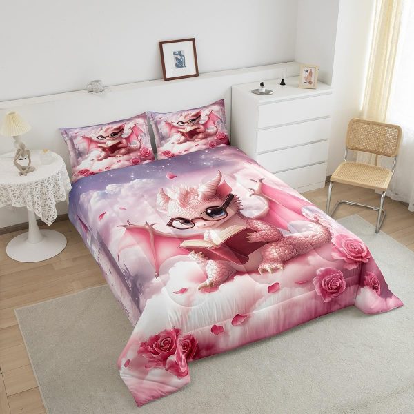 Cute Dragon Comforter Set Twin Size Mushroom Floral Butterfly Bedding Set Bedroom Decor for Kids Boys Girls Fantasy Purple Orange Wings Dragon All Season Blanket Gift Dragons Lover Son Birthday,2Pcs - Image 21