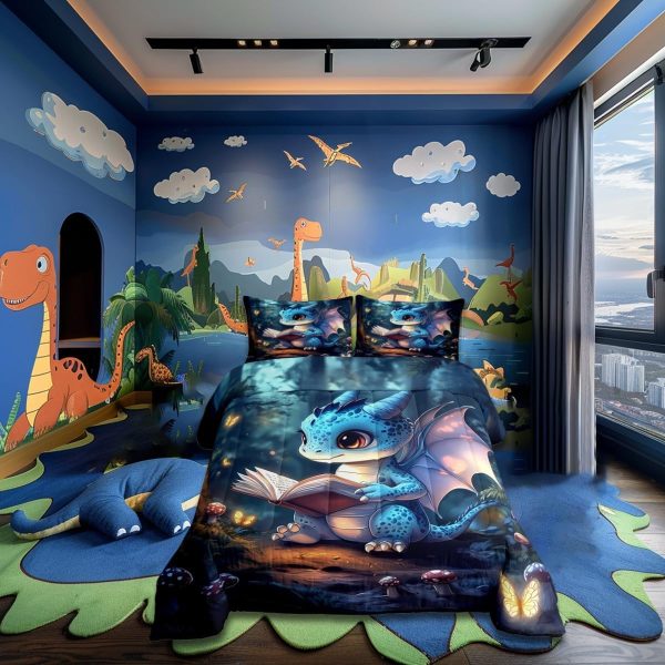 Cute Dragon Comforter Set Twin Size Mushroom Floral Butterfly Bedding Set Bedroom Decor for Kids Boys Girls Fantasy Purple Orange Wings Dragon All Season Blanket Gift Dragons Lover Son Birthday,2Pcs - Image 34