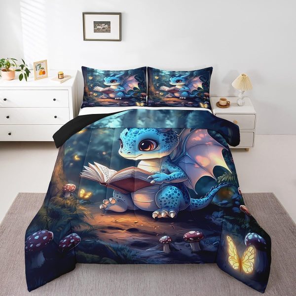 Cute Dragon Comforter Set Twin Size Mushroom Floral Butterfly Bedding Set Bedroom Decor for Kids Boys Girls Fantasy Purple Orange Wings Dragon All Season Blanket Gift Dragons Lover Son Birthday,2Pcs - Image 35