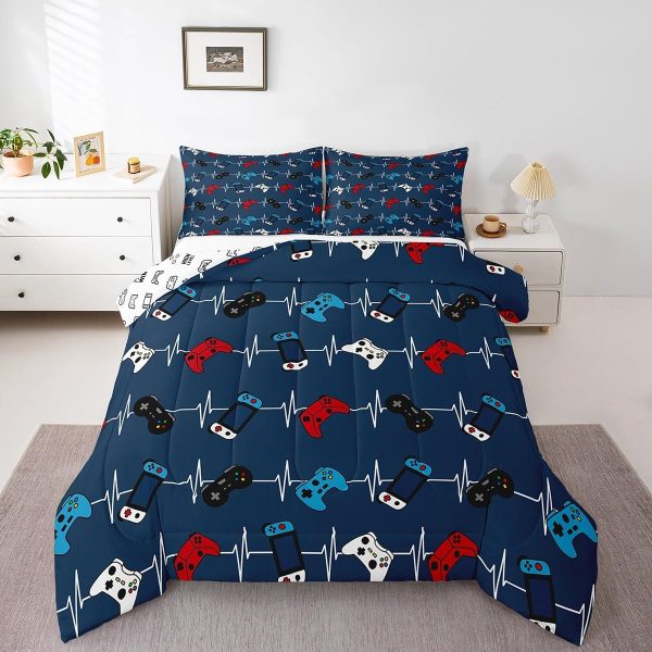 Boys Gamepad King Size Comforter Set Kids Honeycomb Geometry Decor All Season Bedding Set for Girls Teens Reversible Gaming Video Games Comforter Green and Blue Decor Quilt Set Bedroom Collection 3Pcs - Image 165