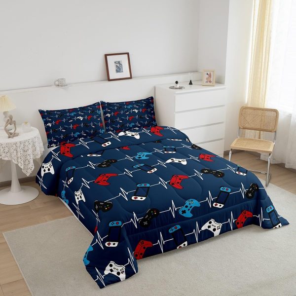 Boys Gamepad King Size Comforter Set Kids Honeycomb Geometry Decor All Season Bedding Set for Girls Teens Reversible Gaming Video Games Comforter Green and Blue Decor Quilt Set Bedroom Collection 3Pcs - Image 166