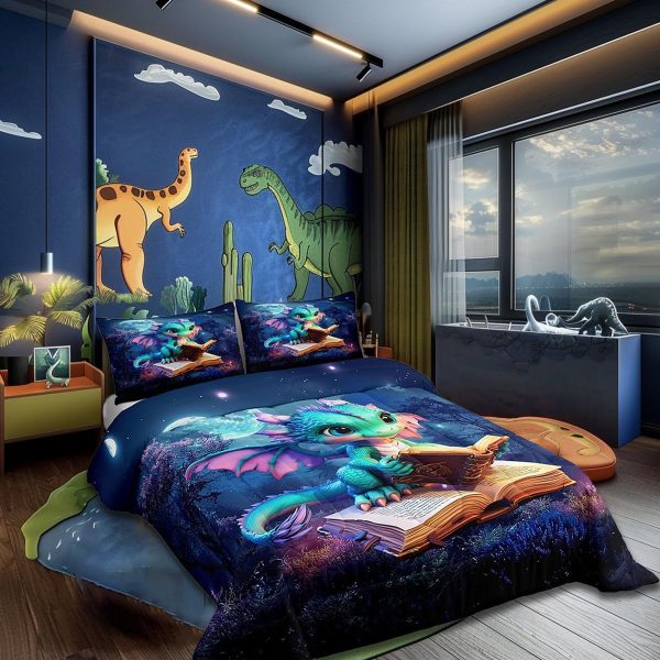 Cute Dragon Comforter Set Twin Size Mushroom Floral Butterfly Bedding Set Bedroom Decor for Kids Boys Girls Fantasy Purple Orange Wings Dragon All Season Blanket Gift Dragons Lover Son Birthday,2Pcs - Image 38