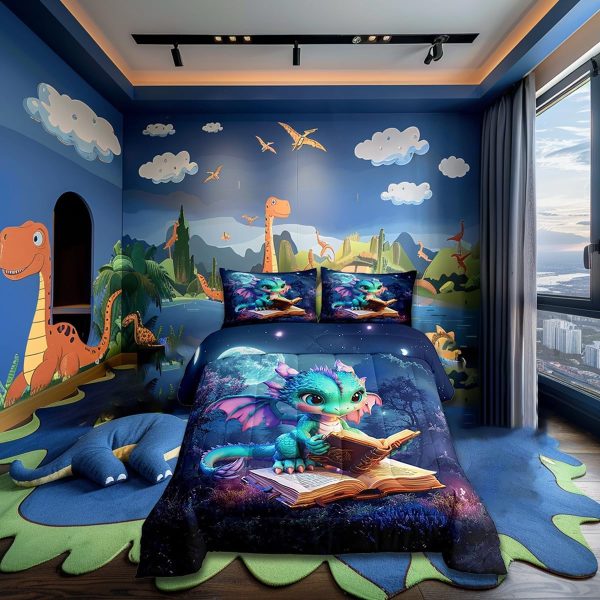 Cute Dragon Comforter Set Twin Size Mushroom Floral Butterfly Bedding Set Bedroom Decor for Kids Boys Girls Fantasy Purple Orange Wings Dragon All Season Blanket Gift Dragons Lover Son Birthday,2Pcs - Image 39