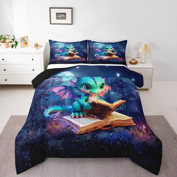 Cute Dragon Comforter Set Twin Size Mushroom Floral Butterfly Bedding Set Bedroom Decor for Kids Boys Girls Fantasy Purple Orange Wings Dragon All Season Blanket Gift Dragons Lover Son Birthday,2Pcs - Image 40