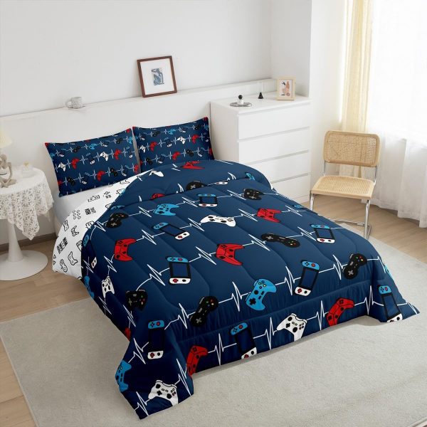 Boys Gamepad King Size Comforter Set Kids Honeycomb Geometry Decor All Season Bedding Set for Girls Teens Reversible Gaming Video Games Comforter Green and Blue Decor Quilt Set Bedroom Collection 3Pcs - Image 168