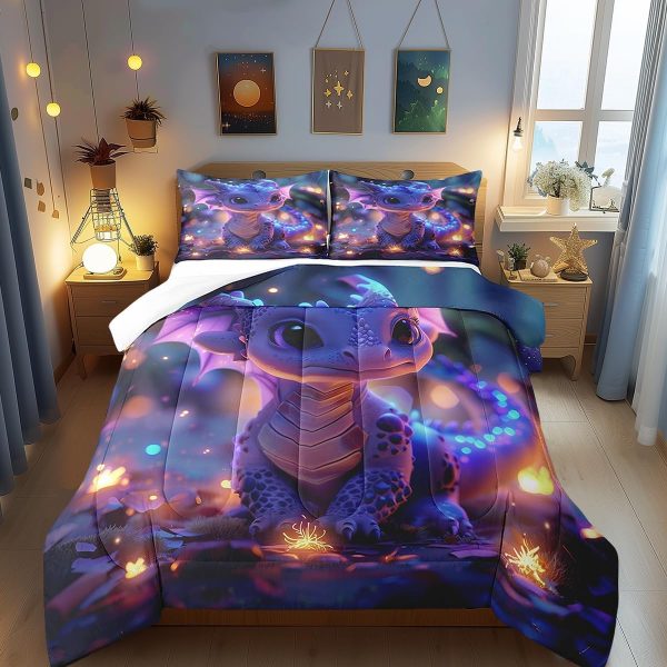 Cute Dragon Comforter Set Twin Size Mushroom Floral Butterfly Bedding Set Bedroom Decor for Kids Boys Girls Fantasy Purple Orange Wings Dragon All Season Blanket Gift Dragons Lover Son Birthday,2Pcs - Image 43