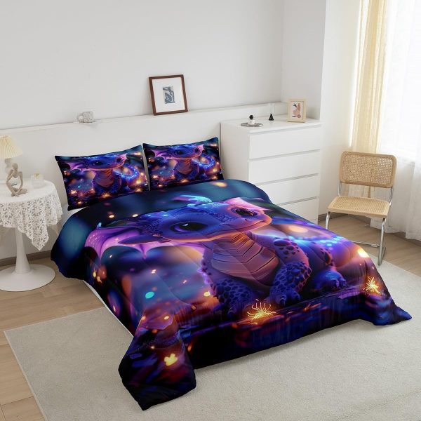 Cute Dragon Comforter Set Twin Size Mushroom Floral Butterfly Bedding Set Bedroom Decor for Kids Boys Girls Fantasy Purple Orange Wings Dragon All Season Blanket Gift Dragons Lover Son Birthday,2Pcs - Image 45