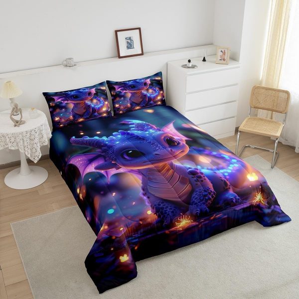 Cute Dragon Comforter Set Twin Size Mushroom Floral Butterfly Bedding Set Bedroom Decor for Kids Boys Girls Fantasy Purple Orange Wings Dragon All Season Blanket Gift Dragons Lover Son Birthday,2Pcs - Image 46