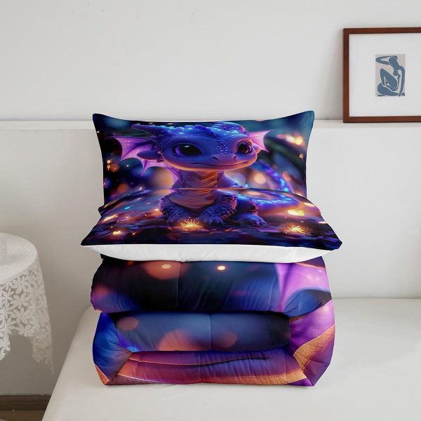 Cute Dragon Comforter Set Twin Size Mushroom Floral Butterfly Bedding Set Bedroom Decor for Kids Boys Girls Fantasy Purple Orange Wings Dragon All Season Blanket Gift Dragons Lover Son Birthday,2Pcs - Image 47