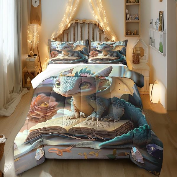 Cute Dragon Comforter Set Twin Size Mushroom Floral Butterfly Bedding Set Bedroom Decor for Kids Boys Girls Fantasy Purple Orange Wings Dragon All Season Blanket Gift Dragons Lover Son Birthday,2Pcs - Image 48
