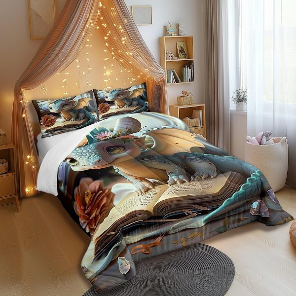 Cute Dragon Comforter Set Twin Size Mushroom Floral Butterfly Bedding Set Bedroom Decor for Kids Boys Girls Fantasy Purple Orange Wings Dragon All Season Blanket Gift Dragons Lover Son Birthday,2Pcs - Image 49