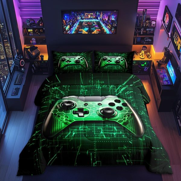 Boys Gamepad King Size Comforter Set Kids Honeycomb Geometry Decor All Season Bedding Set for Girls Teens Reversible Gaming Video Games Comforter Green and Blue Decor Quilt Set Bedroom Collection 3Pcs - Image 180
